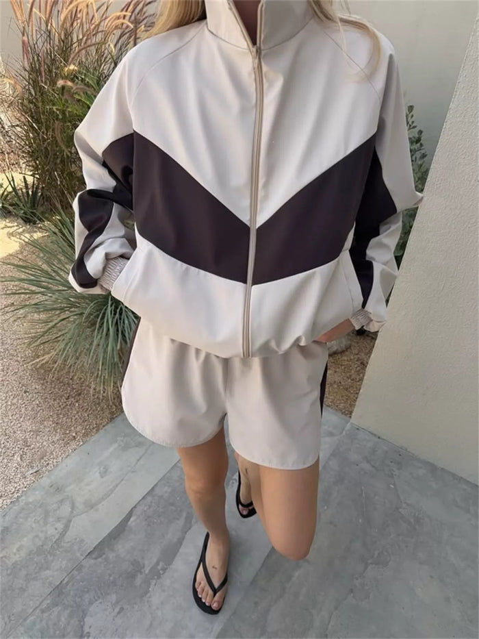 Color-Block Zip-Up Jacket and Shorts Set for Women