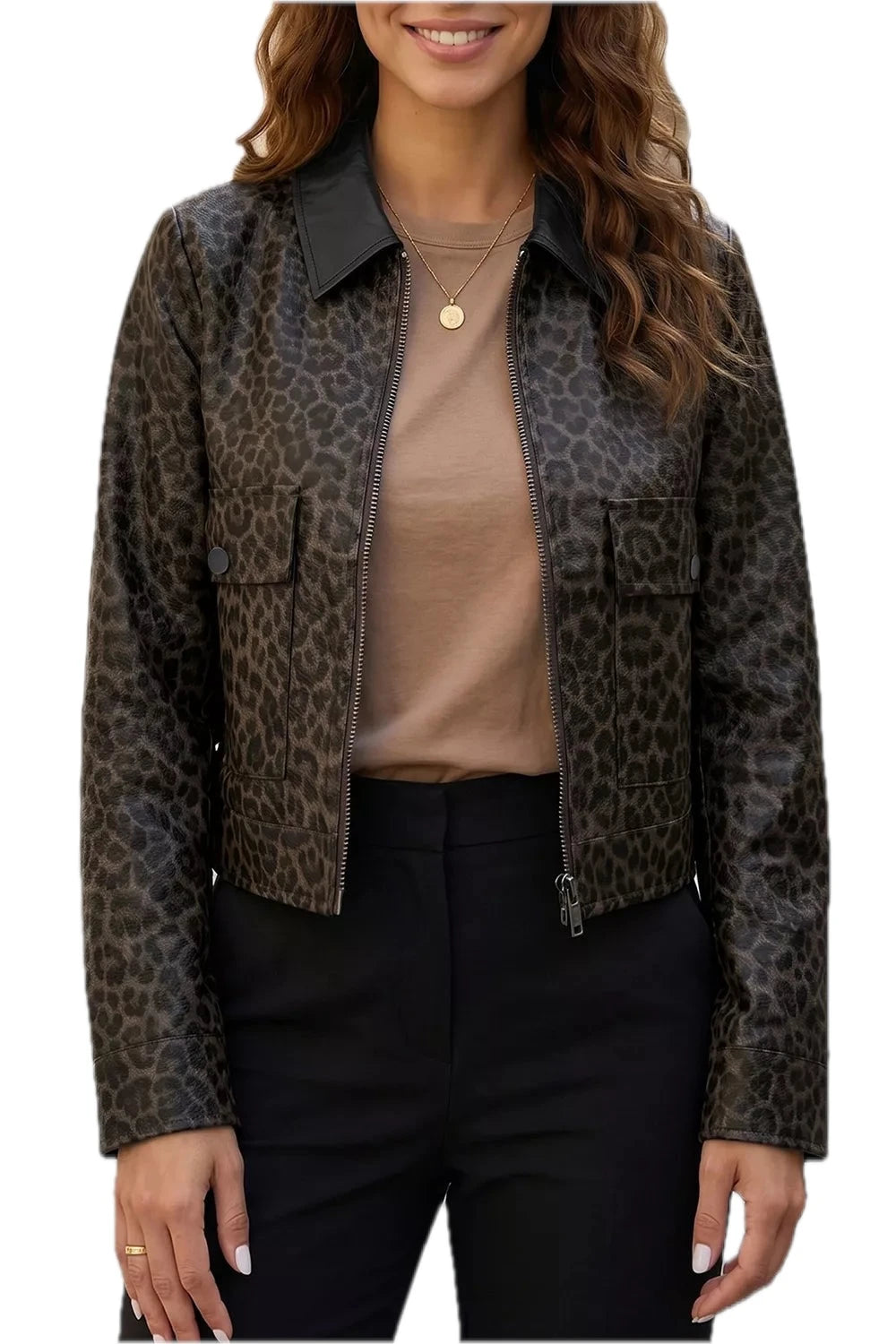 Leopard Cropped Faux Leather Jacket