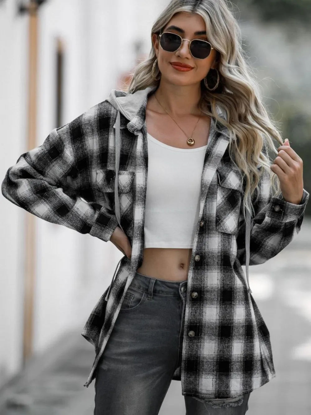 Double Take Plaid Hooded Shacket