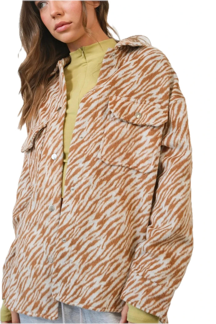 HYFVE Zebra Print Snap Down Long Sleeve Shacket for Women in Camel