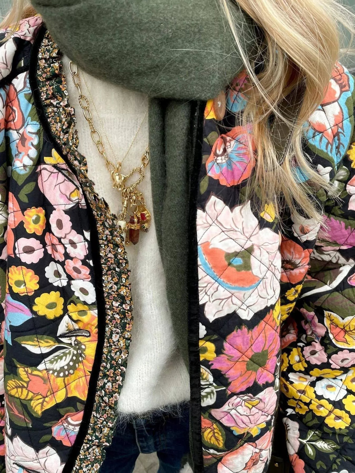 Full Size Floral Print Quilted Sherpa-Lined Jacket for Women Plus Size