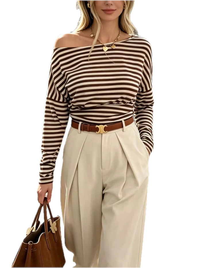 Striped One Shoulder Long Sleeve Tee in Coffee Brown