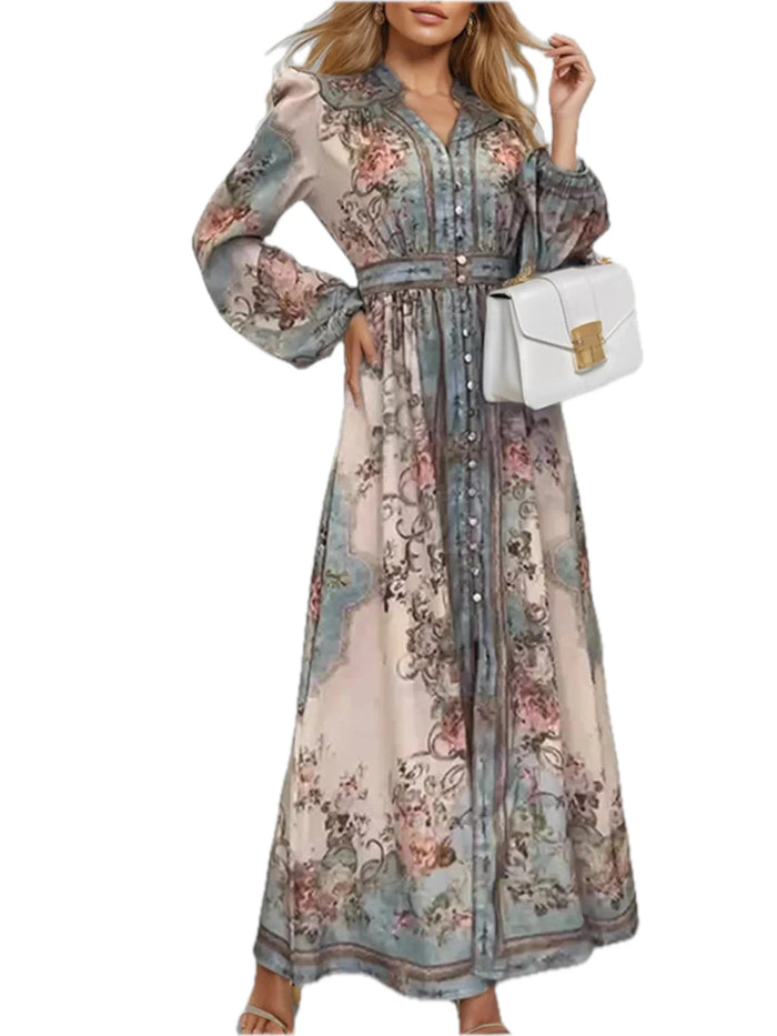 Full Size Floral Print Maxi Dress for Women with Puff Sleeves Plus Size