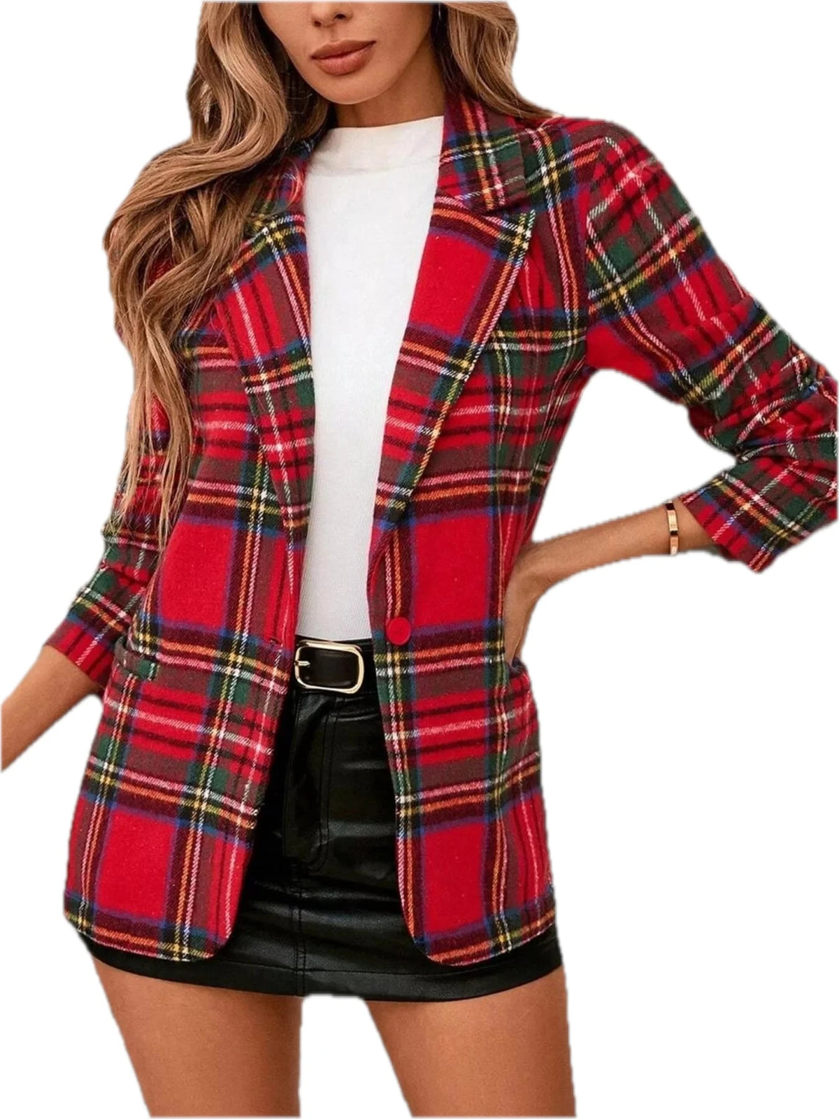 Christmas Plaid Single Button Blazer