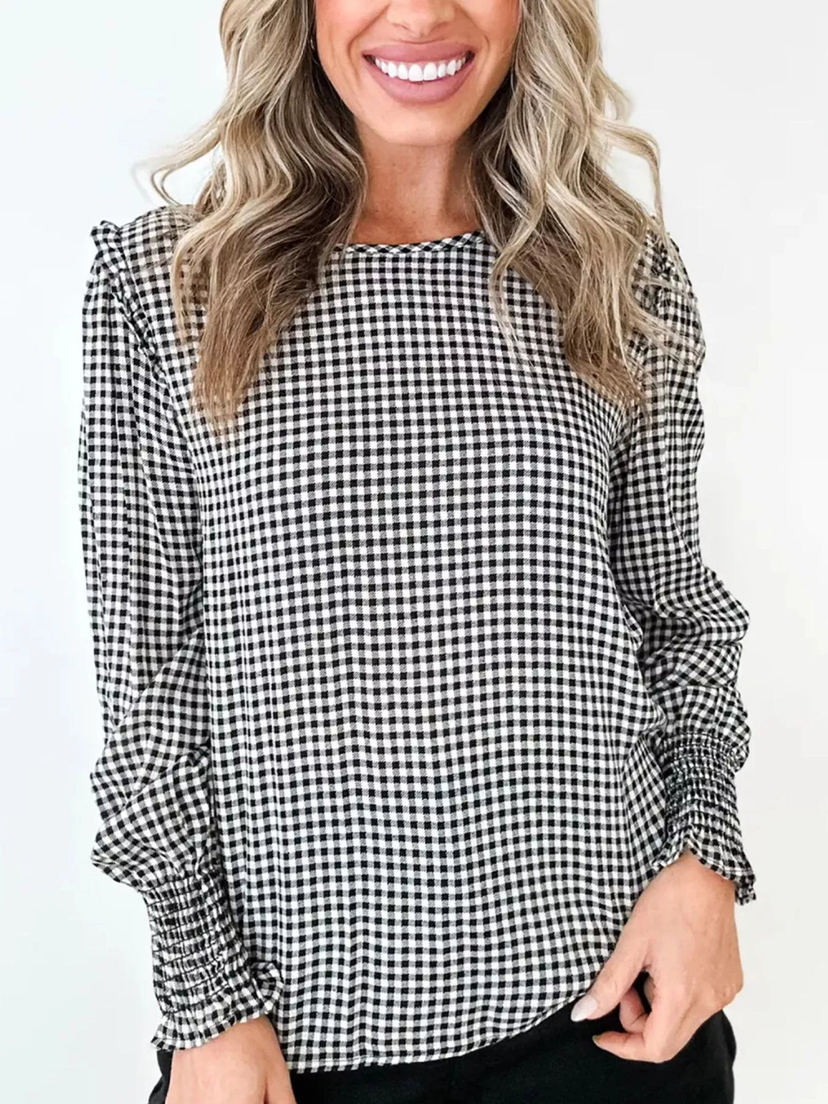 Women's Plaid Shirred Cuff Long Sleeve Blouse