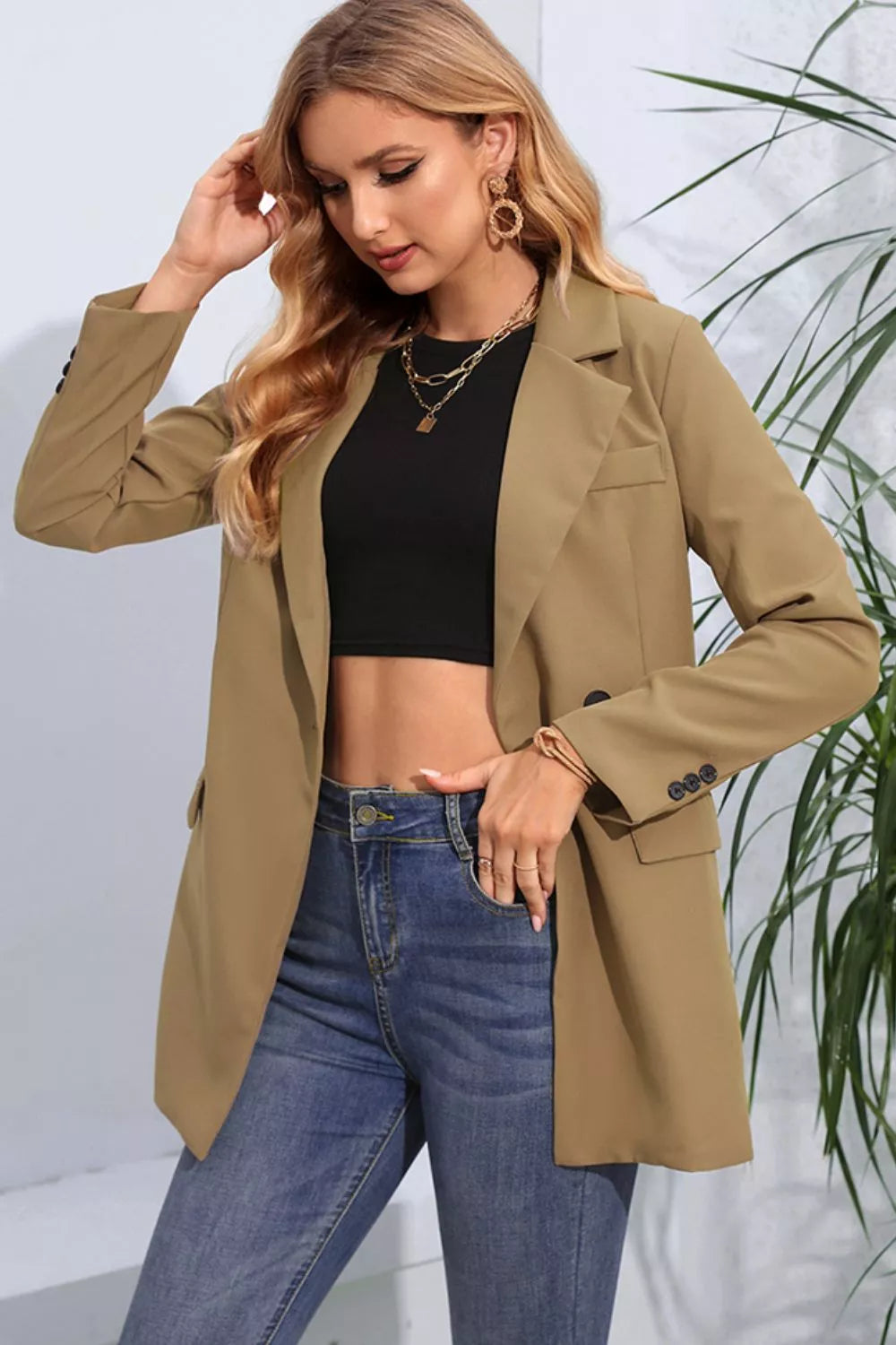 Lapel Neck Long Sleeve Blazer for Women with Pockets