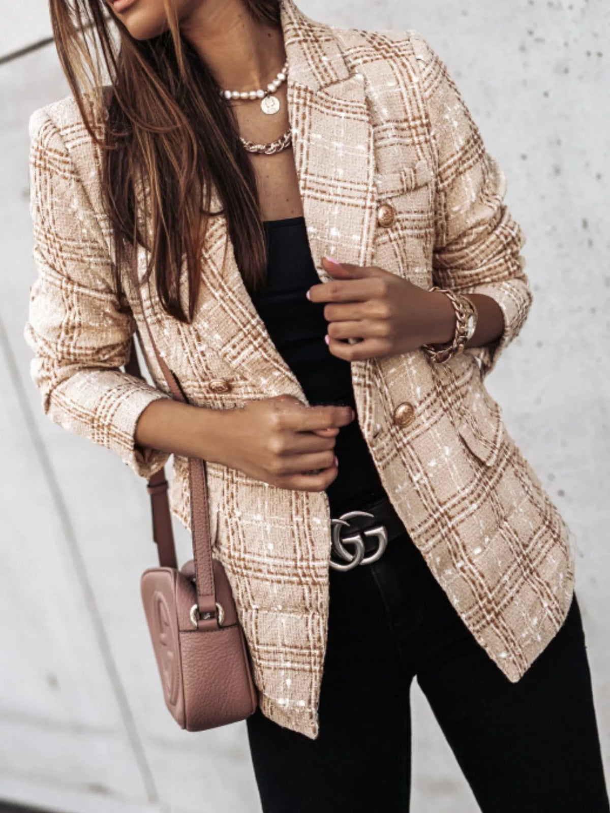 Full Size Plaid Tweed Double-Breasted Blazer for Women Plus Size