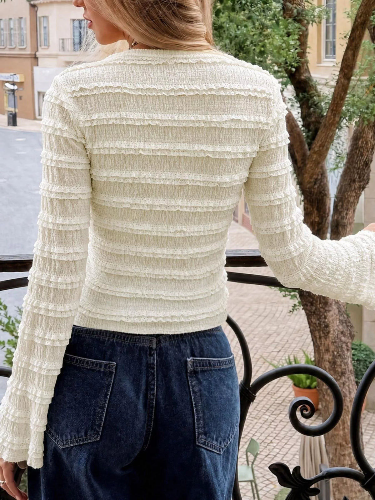 Bow Textured Long Sleeve T-Shirt