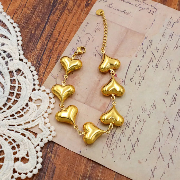 Puffed Links 18K Gold-Plated Heart Charm Bracelet for Women