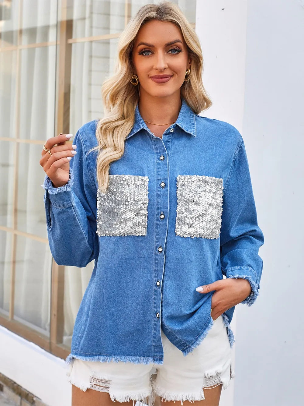 Raw Hem Sequin Pocket Denim Jacket