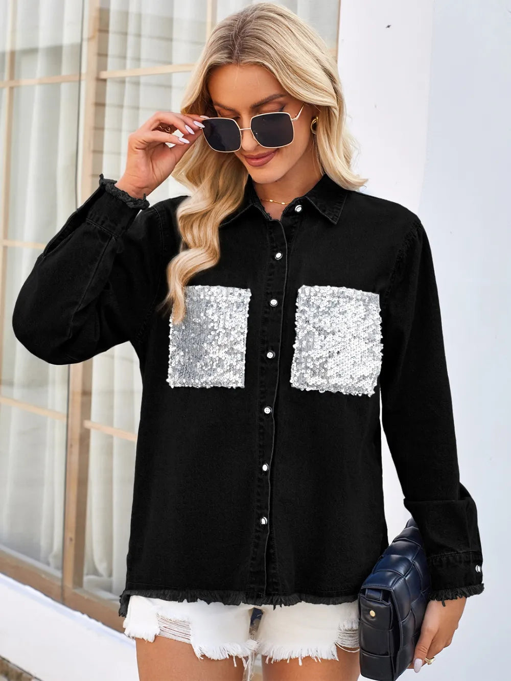 Raw Hem Sequin Pocket Denim Jacket