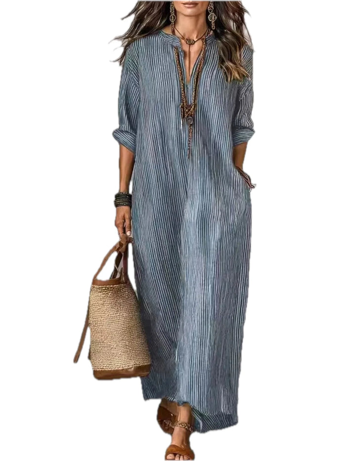 Full Size Striped Notched Maxi Dress for Women with Pockets Plus Size
