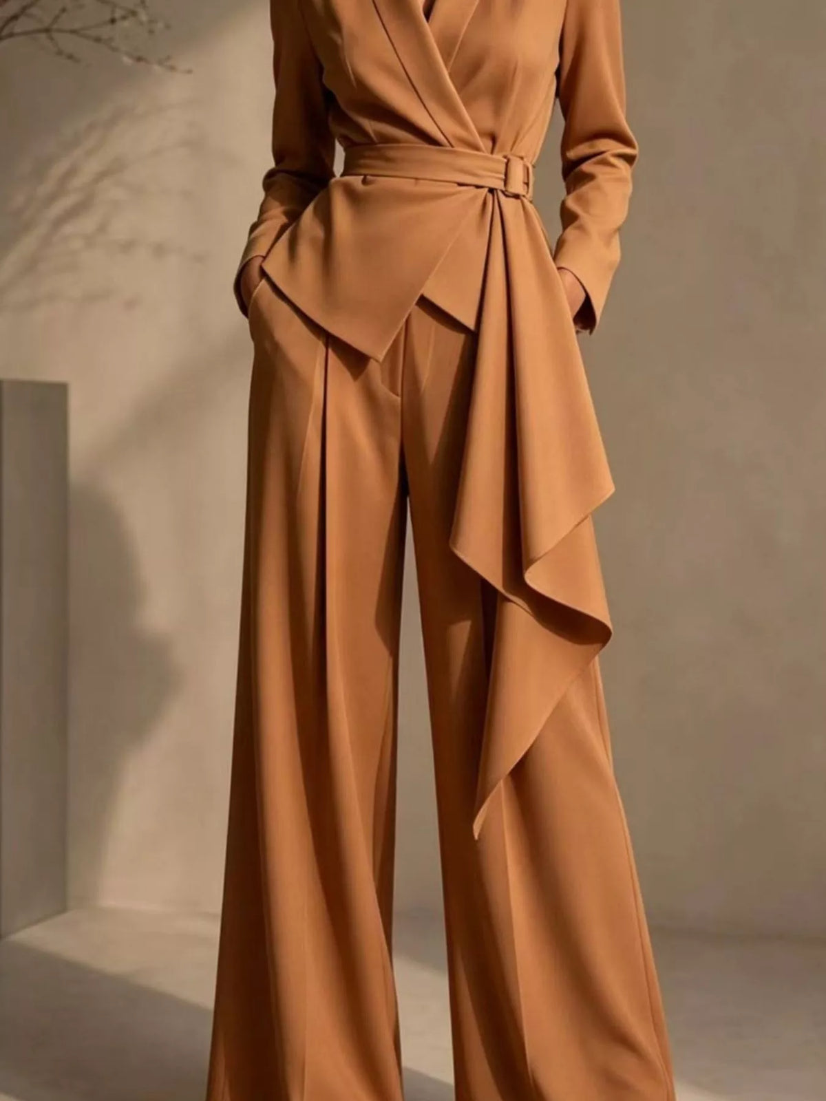 Full Size Belted Blazer and Wide-Leg Pants Set for Women Plus Size