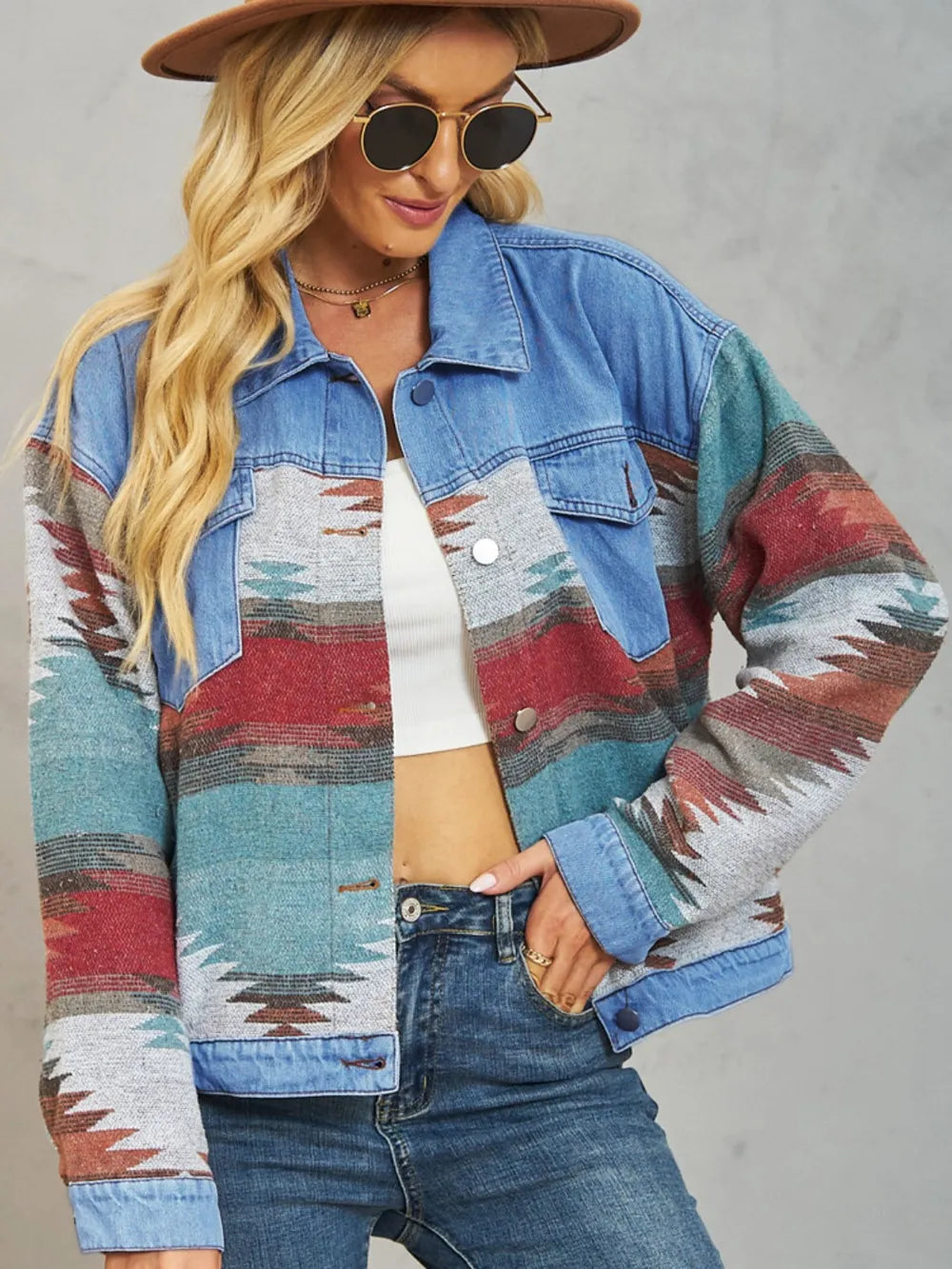 Geometric Dropped Shoulder Denim Jacket