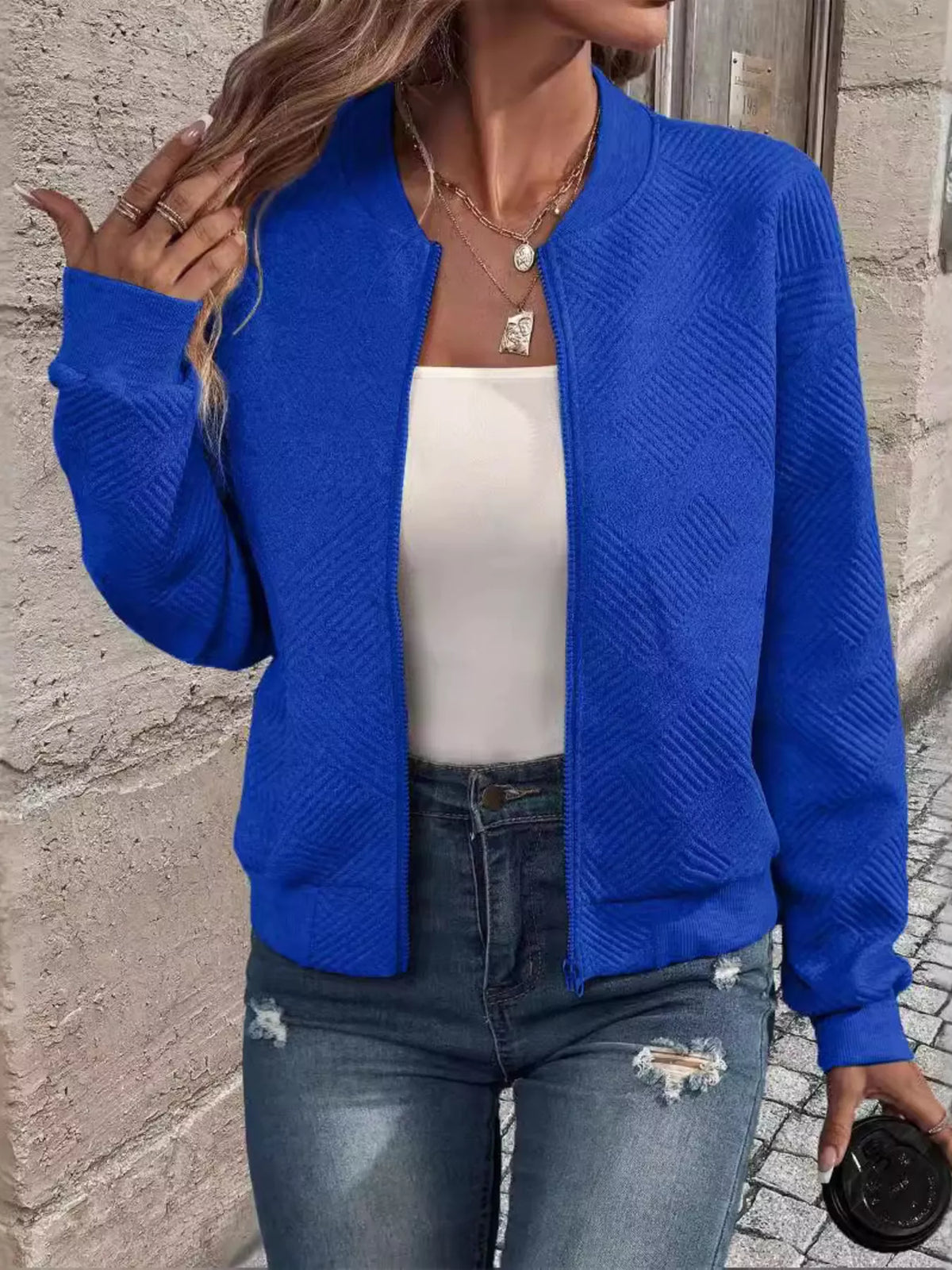 Textured Knit Zip Up Jacket