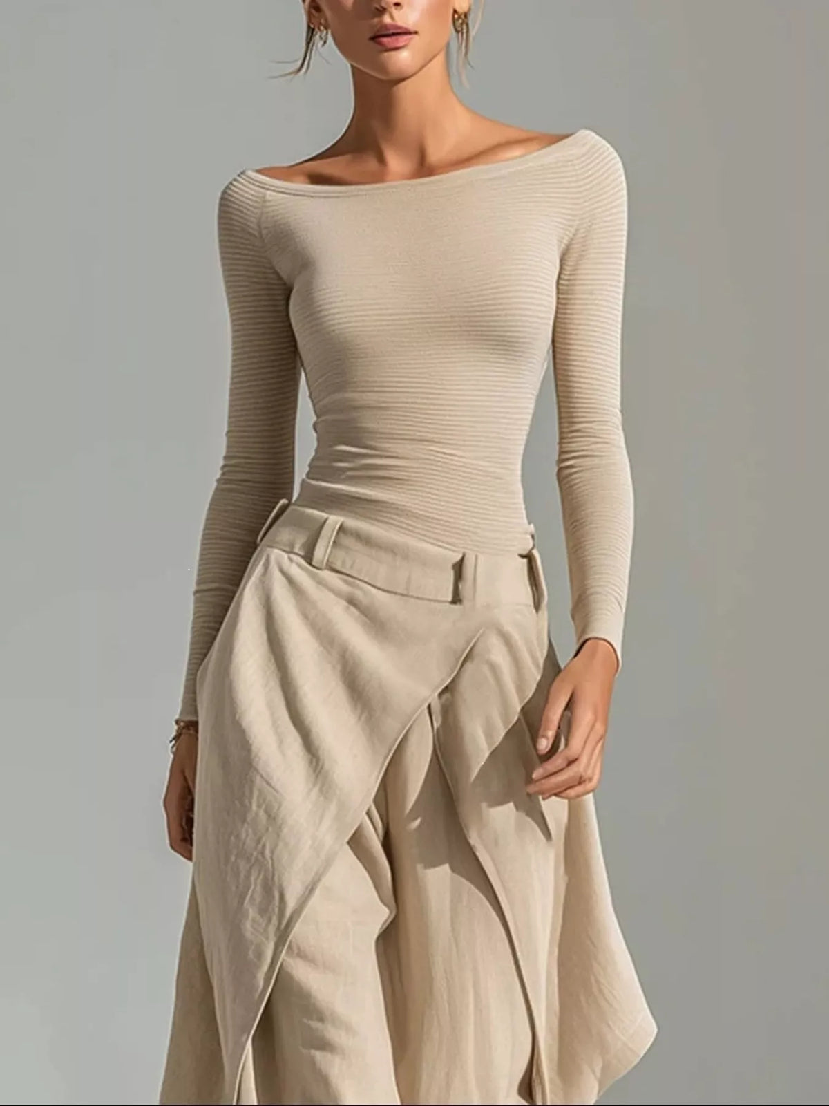 Boat Neck Long Sleeve Top and Wrap-Front Wide Leg Pant Set for Women