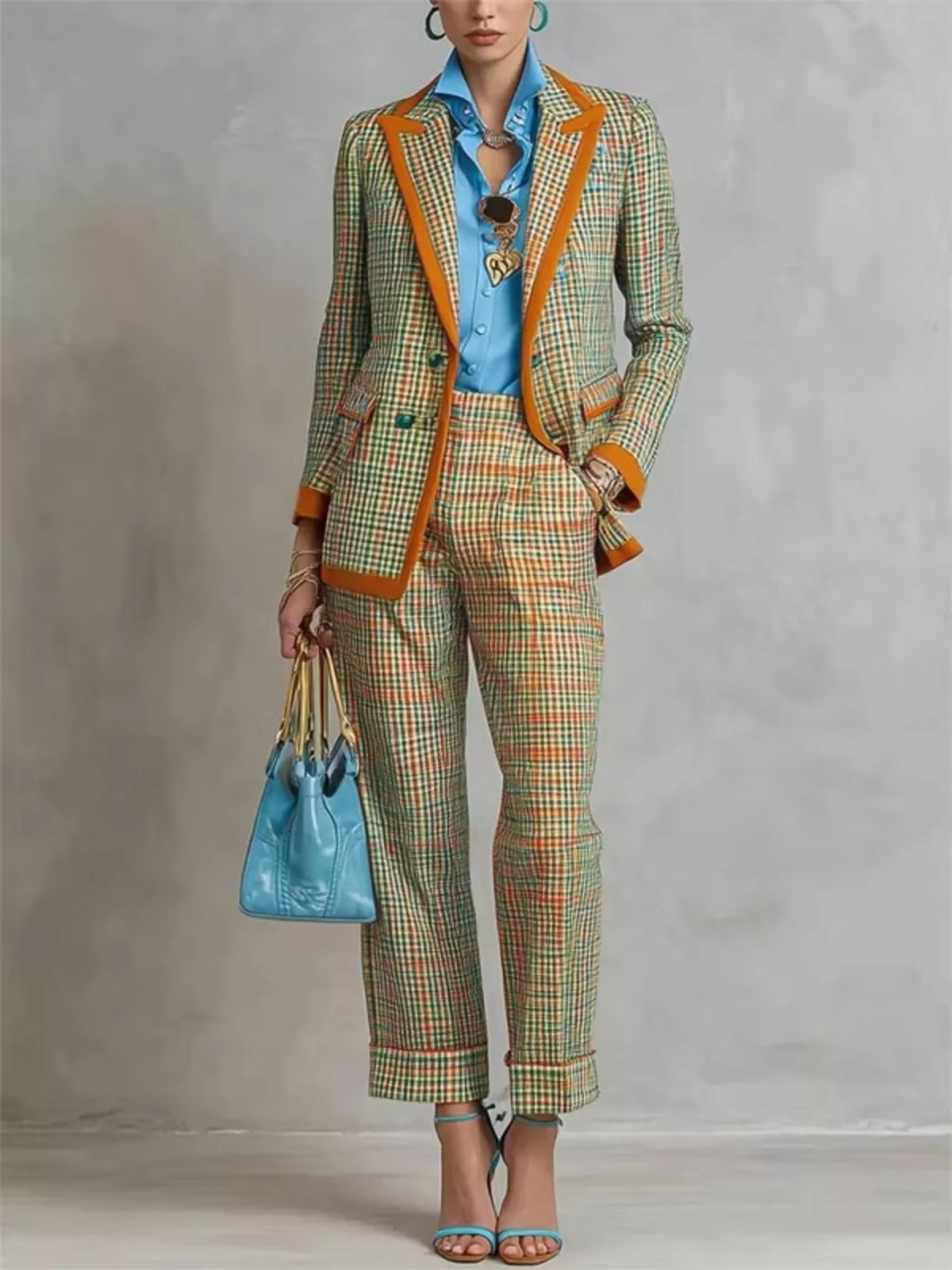 Plaid Blazer and Pants Suit Set for Women