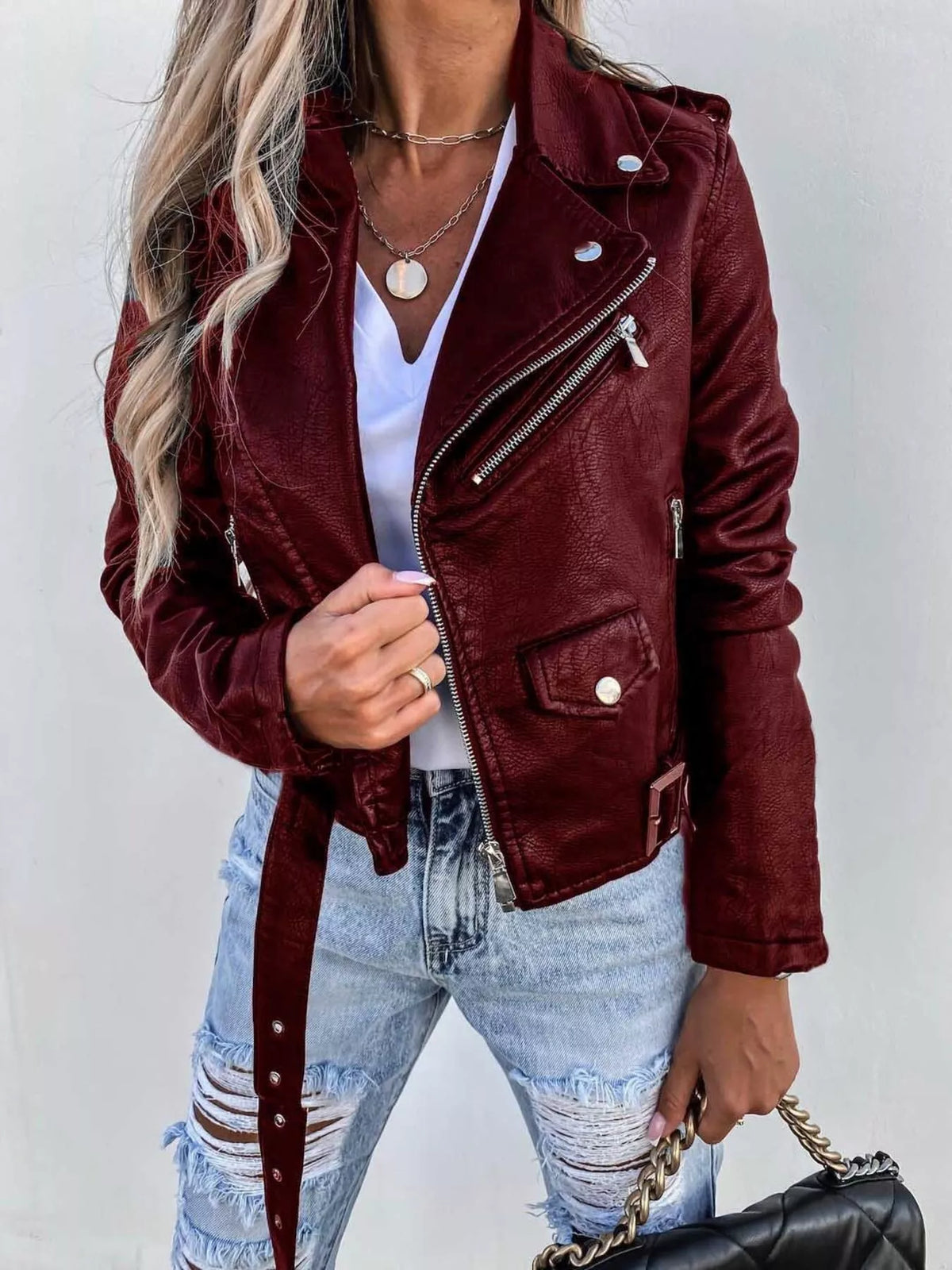 Full Size Zip Up Leather Motorcycle Biker Jacket for Women Plus Size