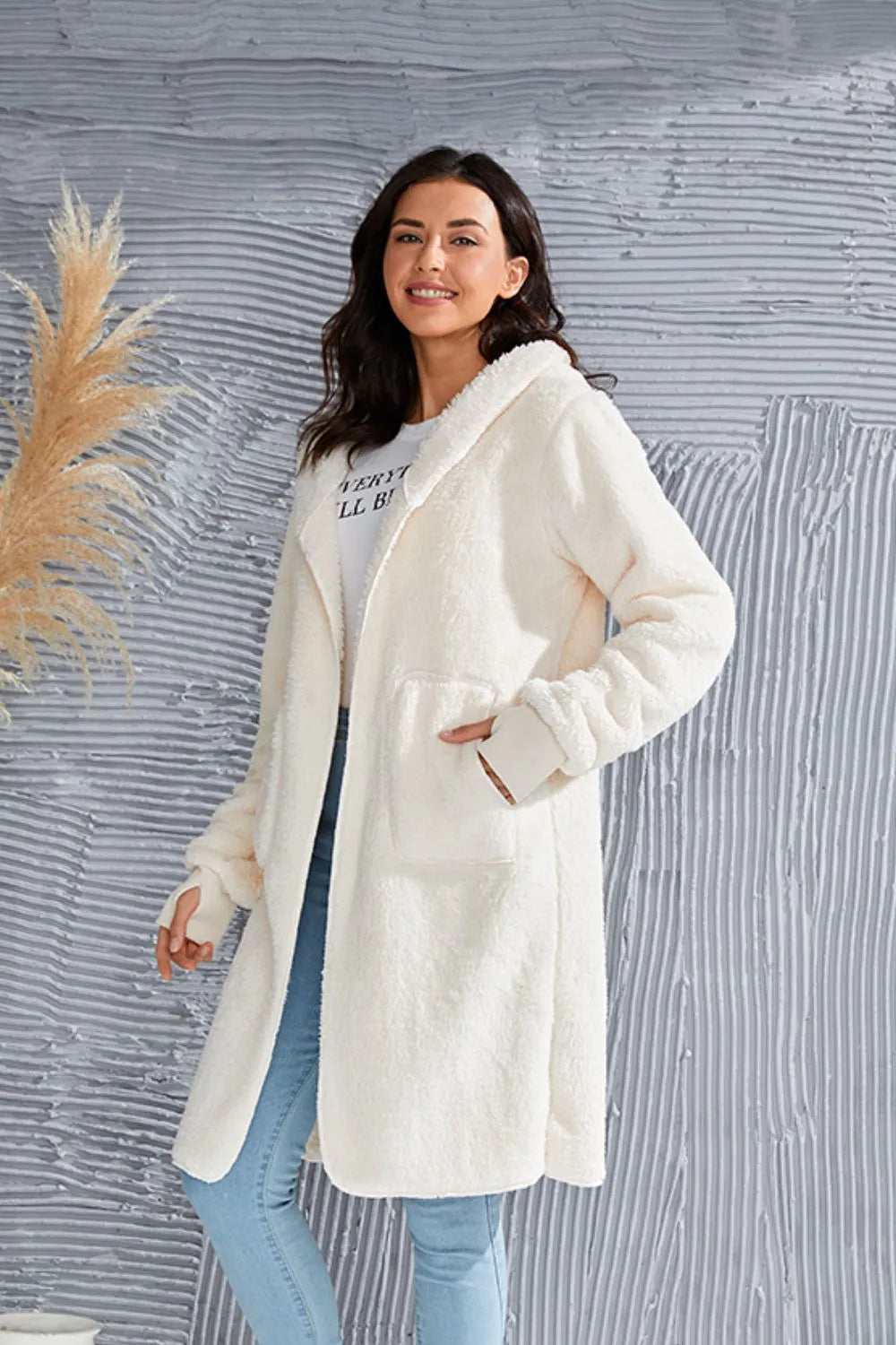 Double Take Women's Full Size Hooded Teddy Bear Jacket with Thumbholes