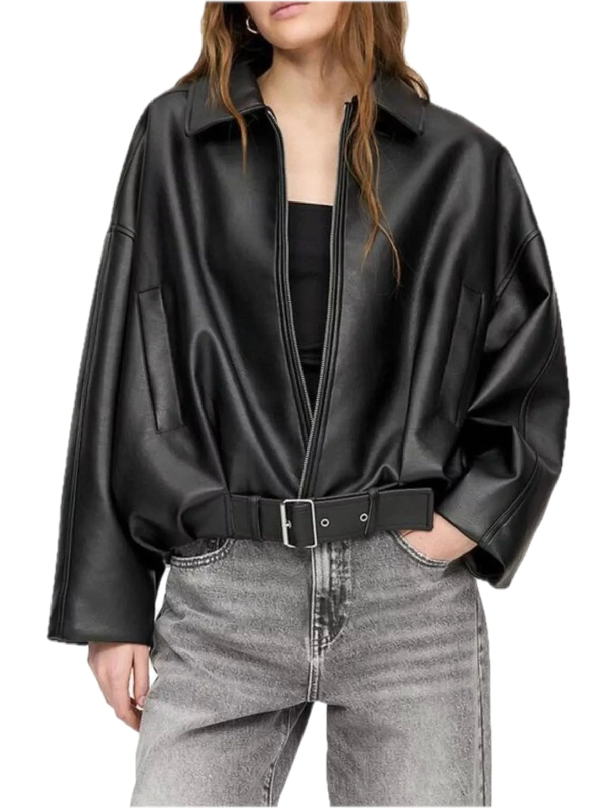 Belted Faux Leather Zip Up Jacket
