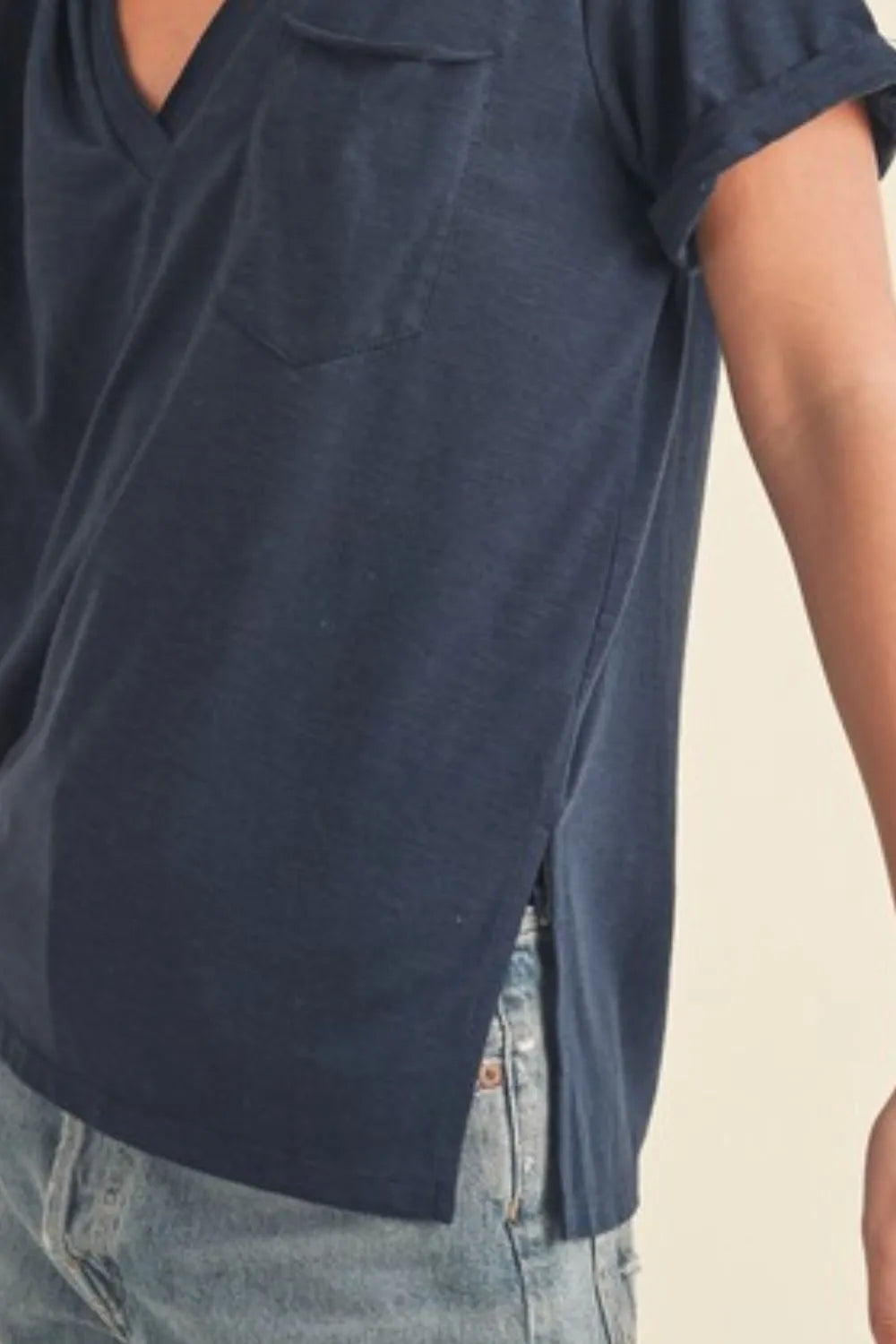 Side Slit V-Neck Rolled Sleeve T-Shirt