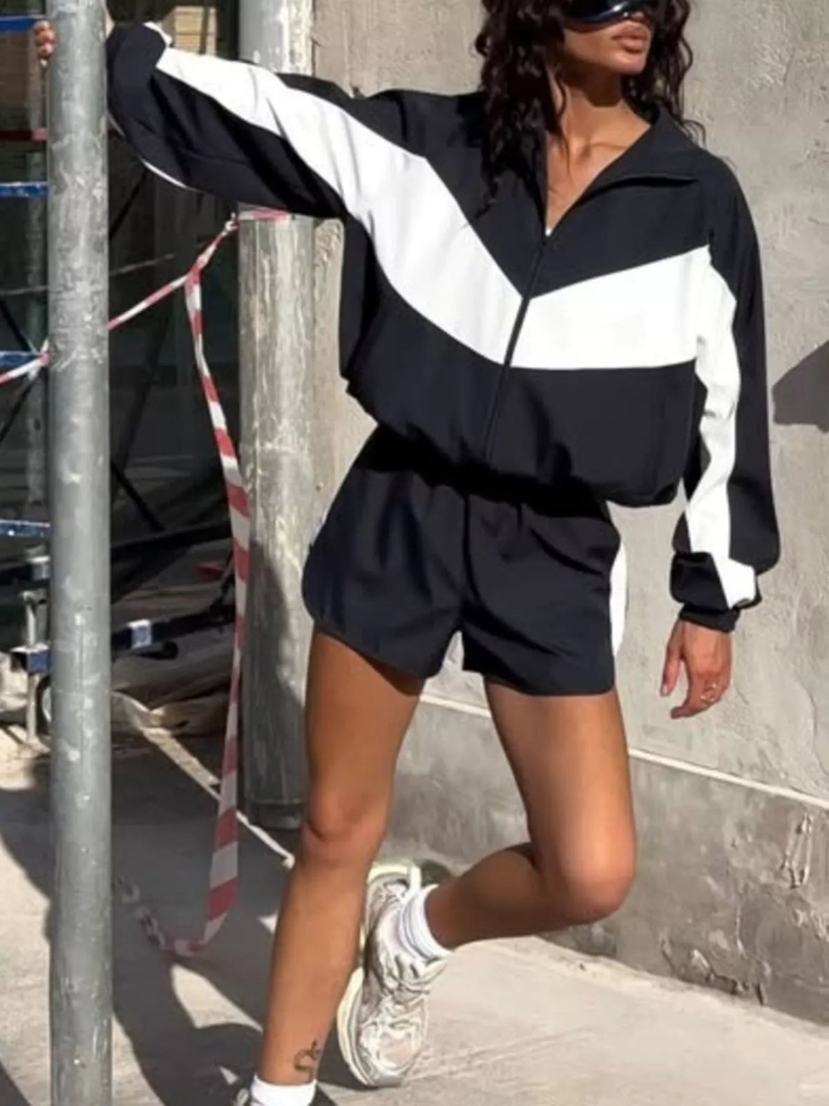 Color Block Zip Up Jacket and Shorts Set