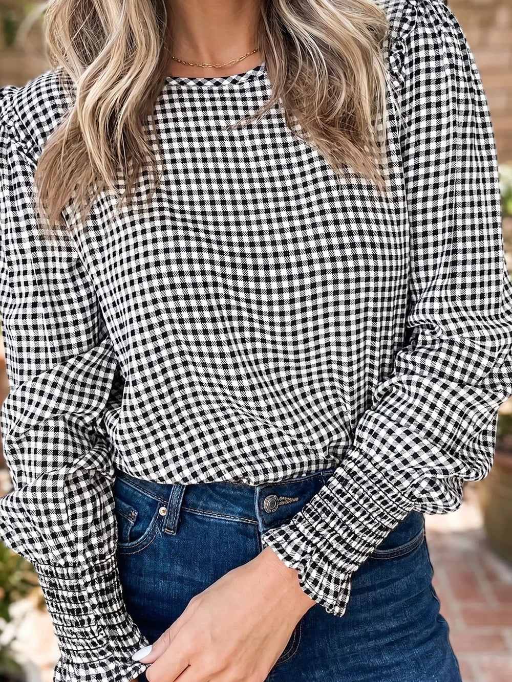 Women's Plaid Shirred Cuff Long Sleeve Blouse