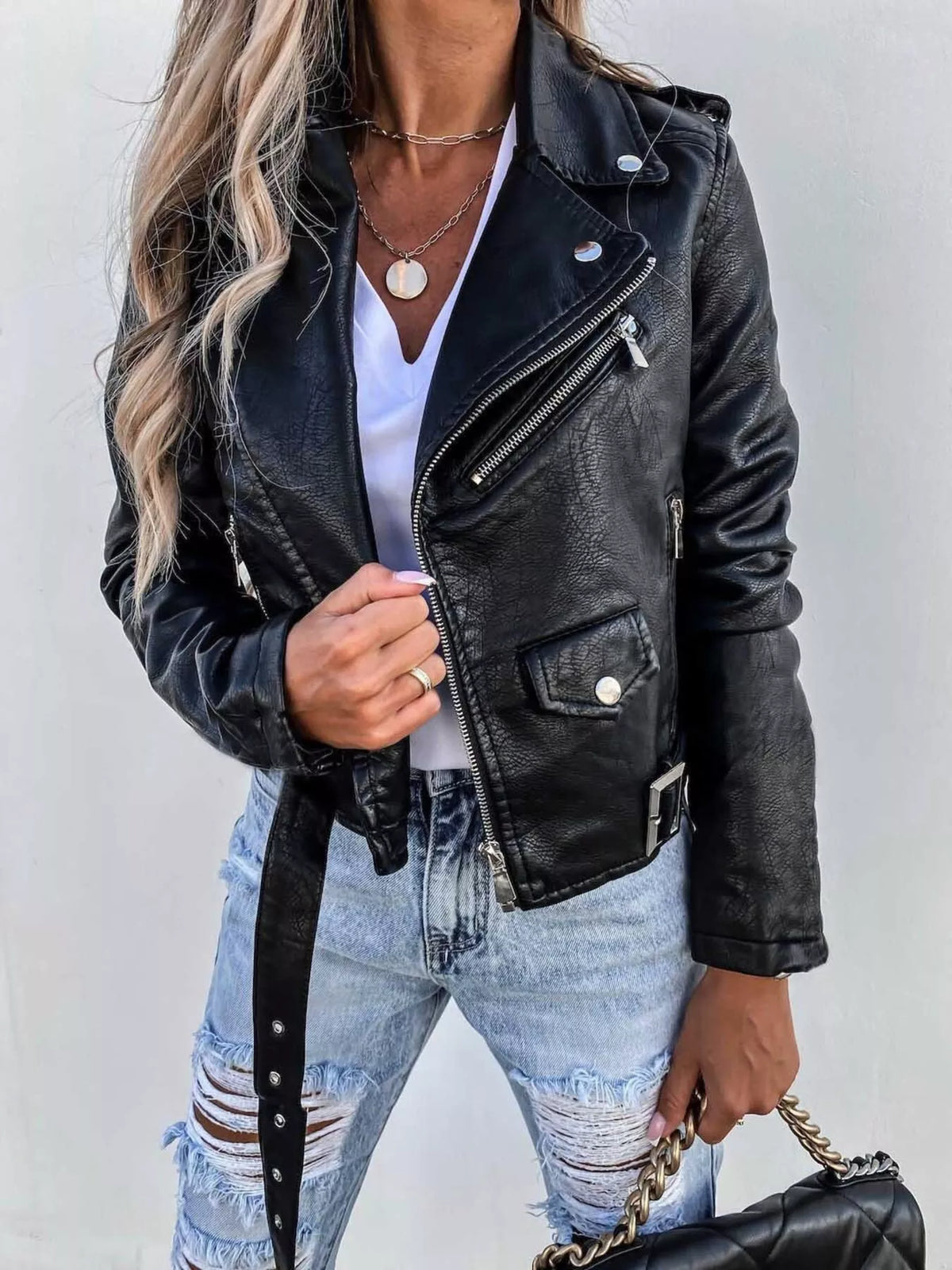 Full Size Zip Up Leather Motorcycle Biker Jacket for Women Plus Size