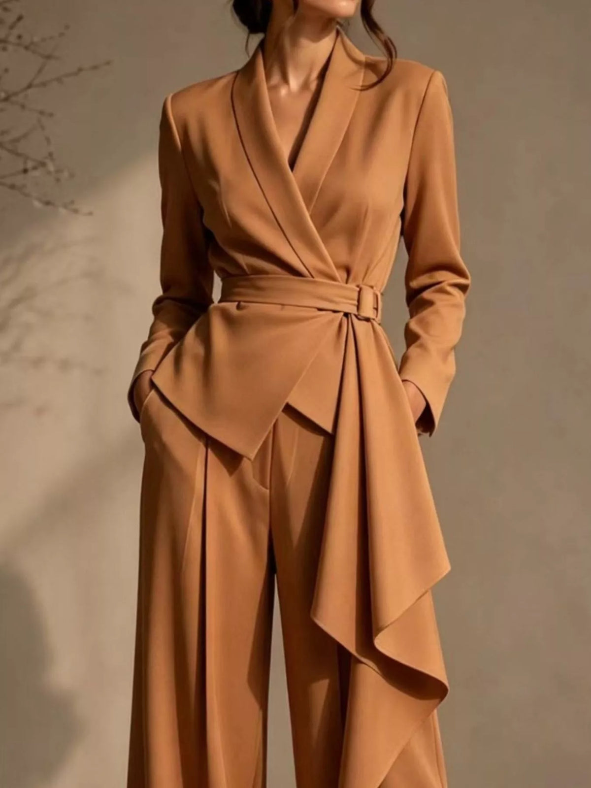Full Size Belted Blazer and Wide-Leg Pants Set for Women Plus Size