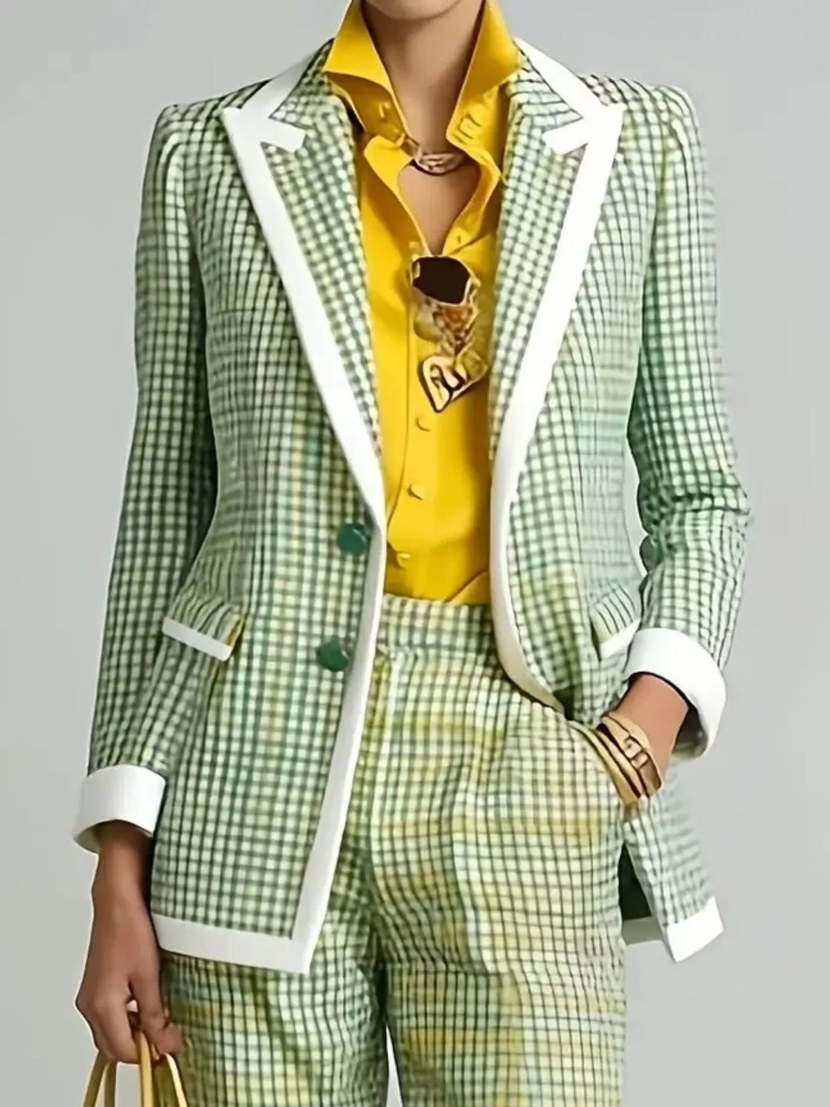Plaid Blazer and Pants Suit Set for Women