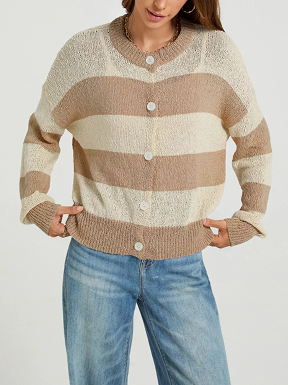Casual Striped Button Down Knit Cardigan