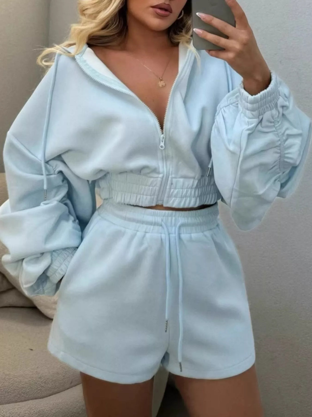 Zip-Up Jacket and High-Waisted Drawstring Shorts Set for Women
