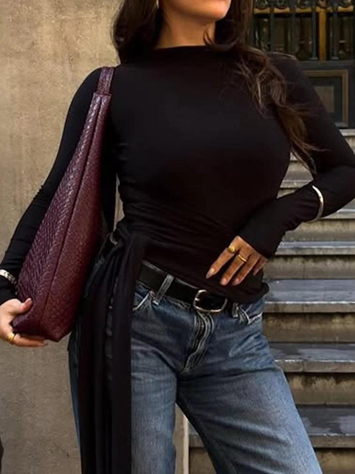 Side Tie Mock Neck Long Sleeve T-Shirt