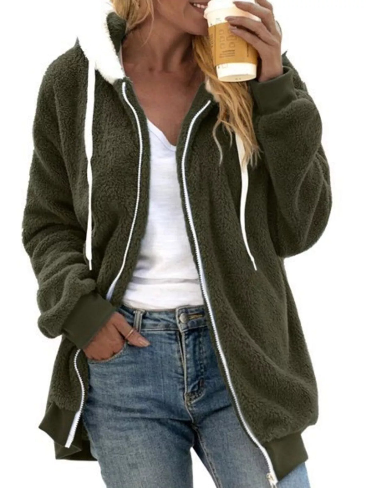 Cozy Fleece Zip-Up Hooded Jacket Plus Size