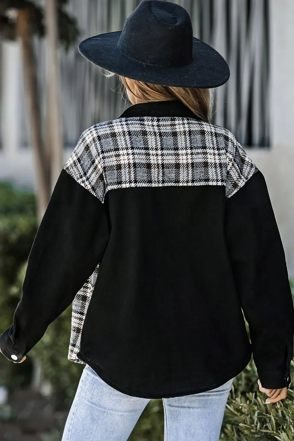 Women's Plaid Pocketed Button Up Denim Jacket