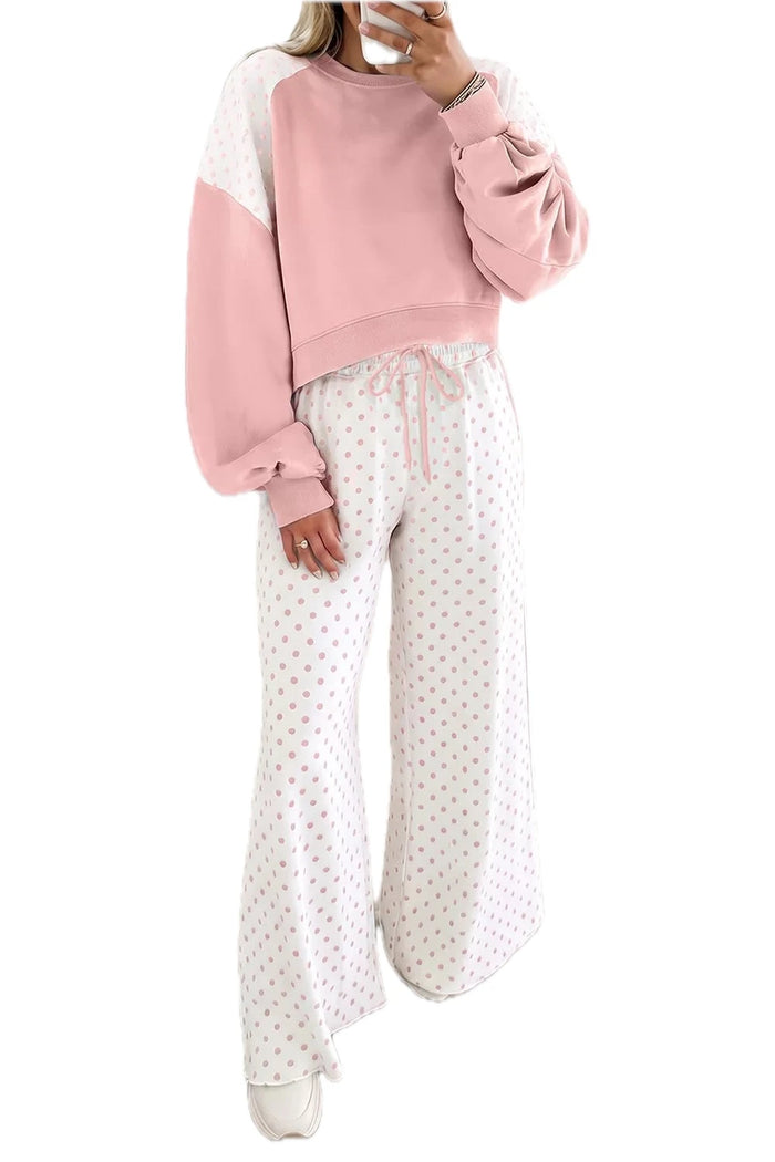 Polka Dot Cropped Sweatshirt and Wide-Leg Pants Set for Women