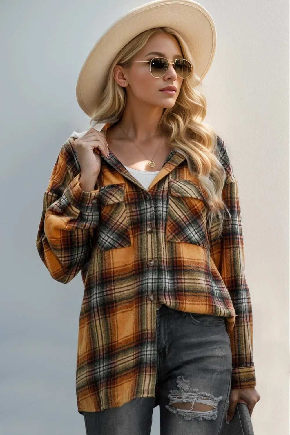 Double Take Plaid Hooded Shacket