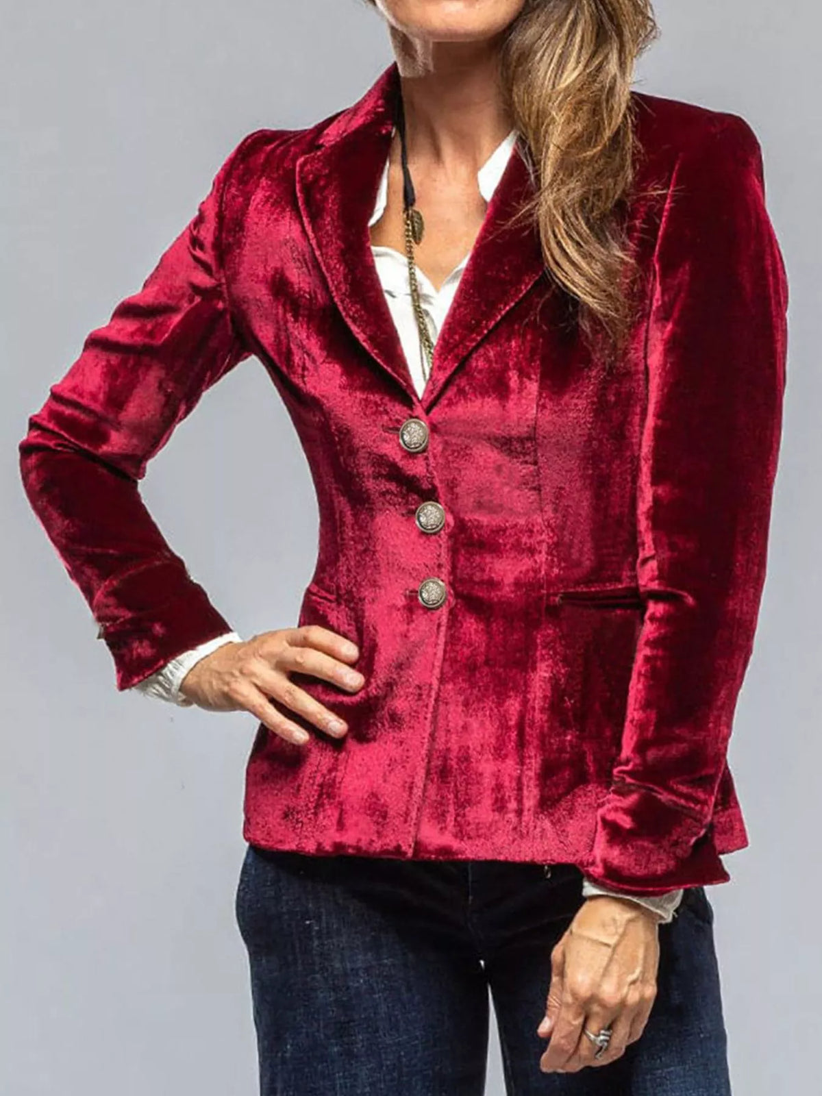 Women's Single Row Buttons Velvet Lapel Collar Button Up Blazer