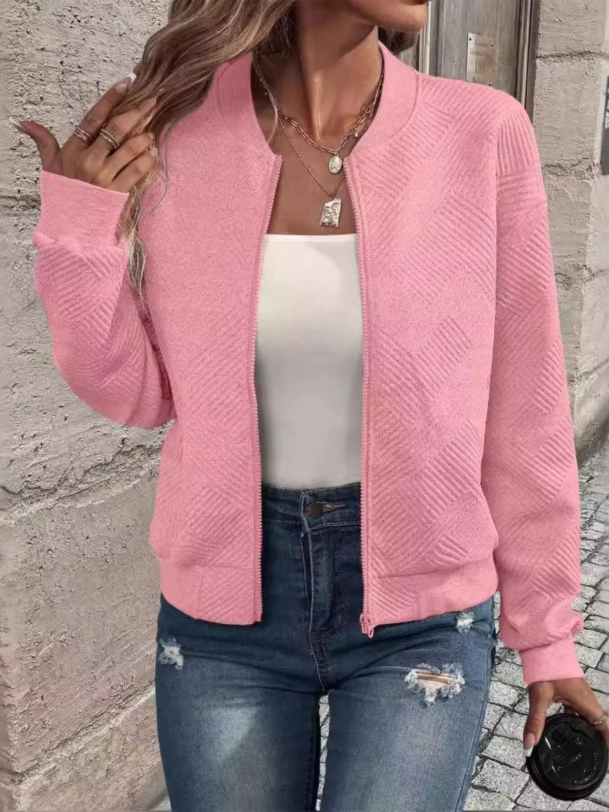 Textured Knit Zip Up Jacket