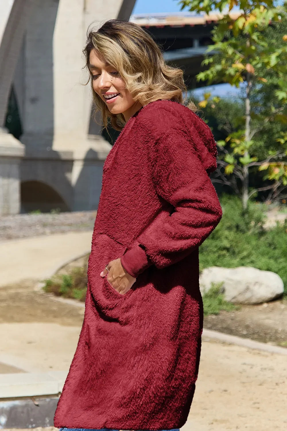 Double Take Women's Full Size Hooded Teddy Bear Jacket with Thumbholes