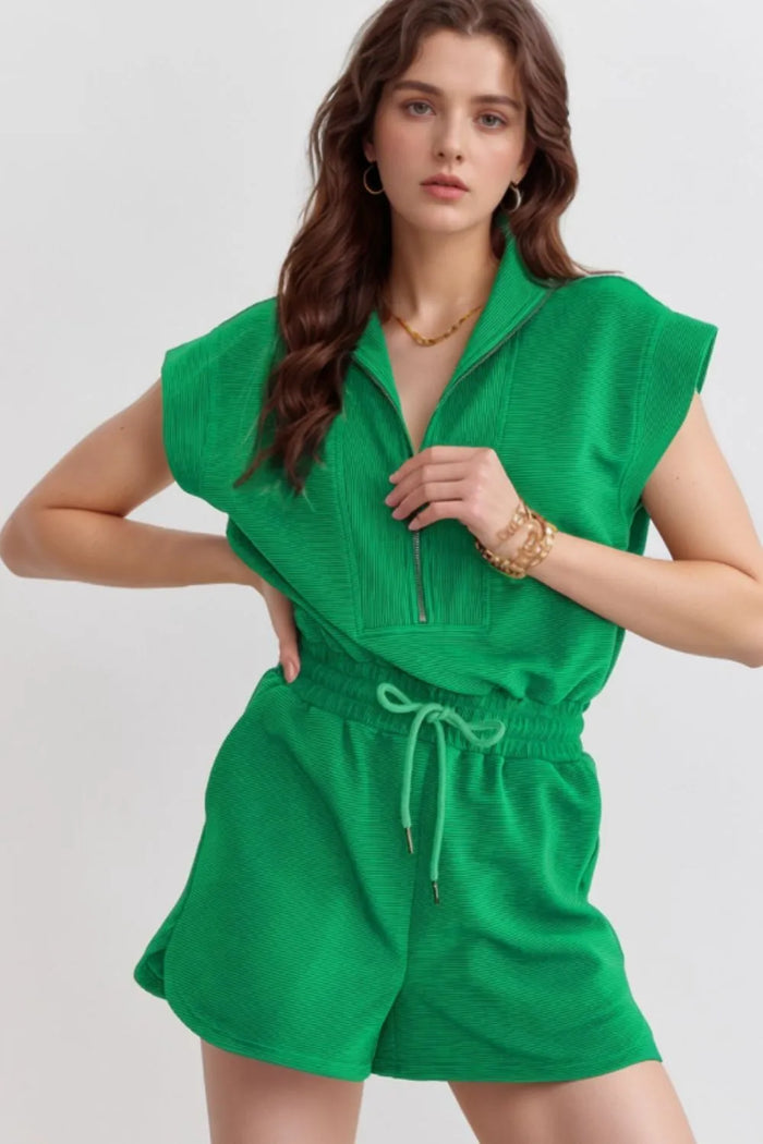 Drawstring Waist Half Zip Romper for Women