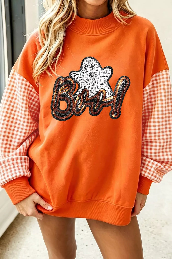 Boo Sequin Ghost Plaid Patchwork Sleeve Halloween Sweatshirt for Women