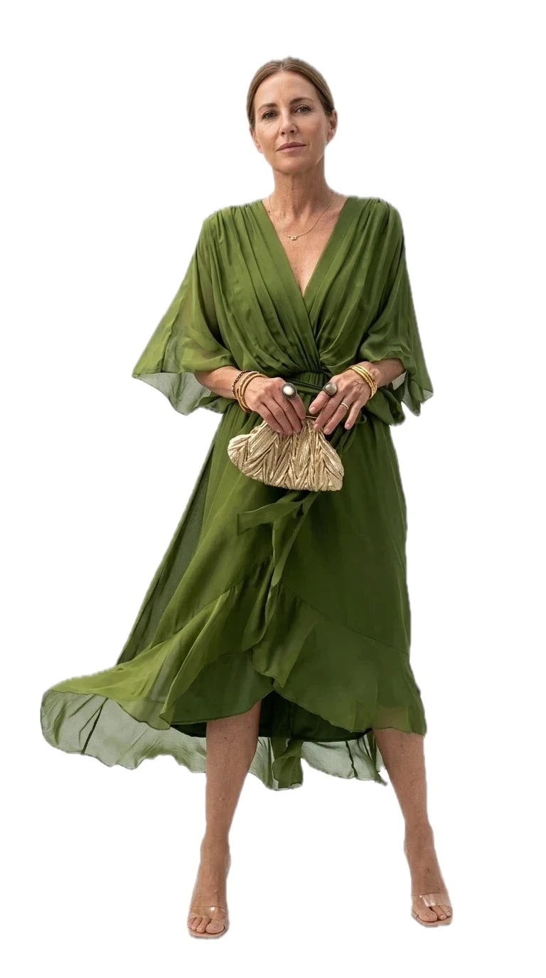 Chiffon Flutter Sleeve Wrap Dress Plus Size