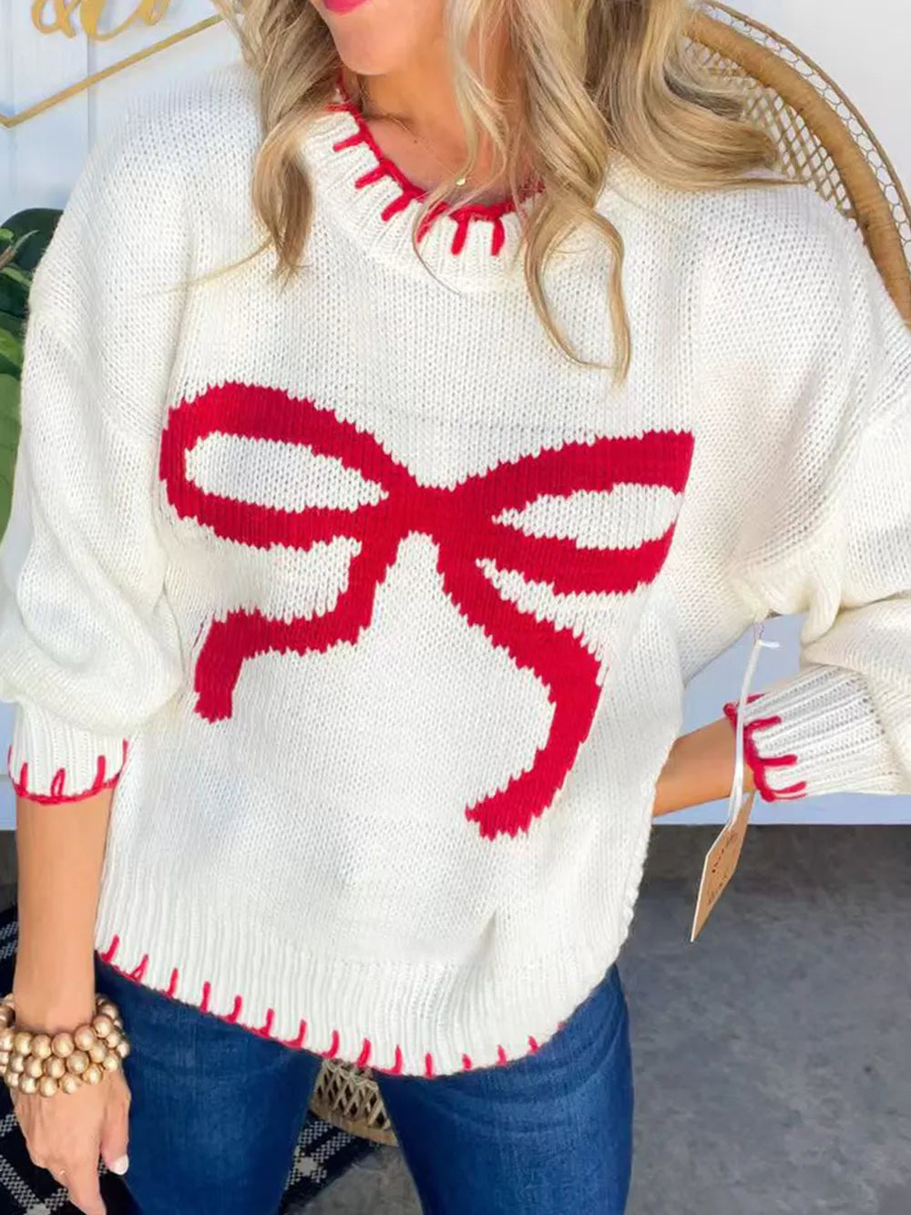 Acrylic Bow Crew Neck Long Sleeve Sweater