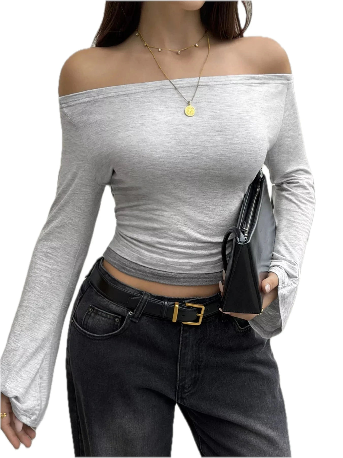 Off-Shoulder Slim Fit Long Sleeve T-Shirt