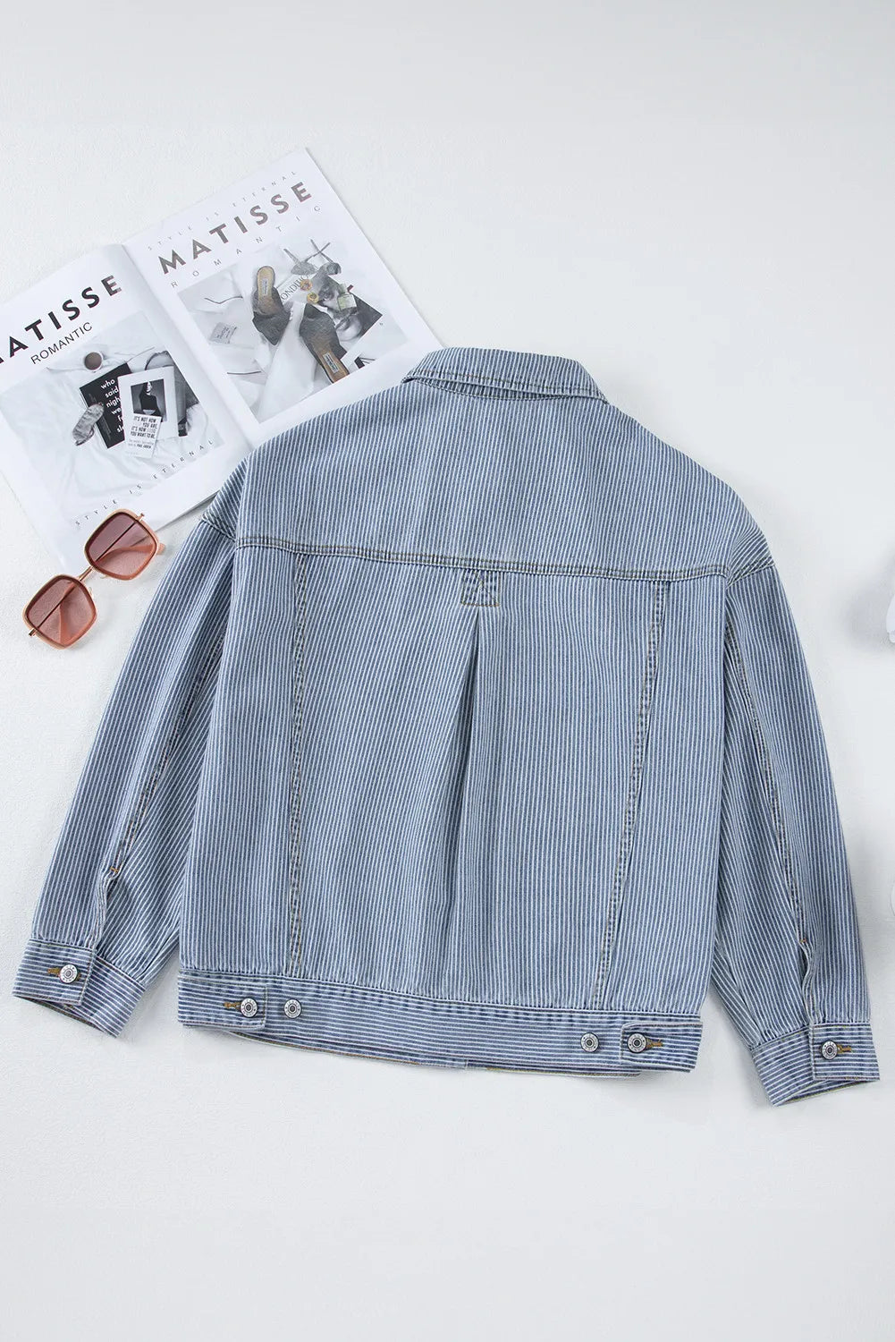 Women's Striped Button Up Long Sleeve Denim Jacket