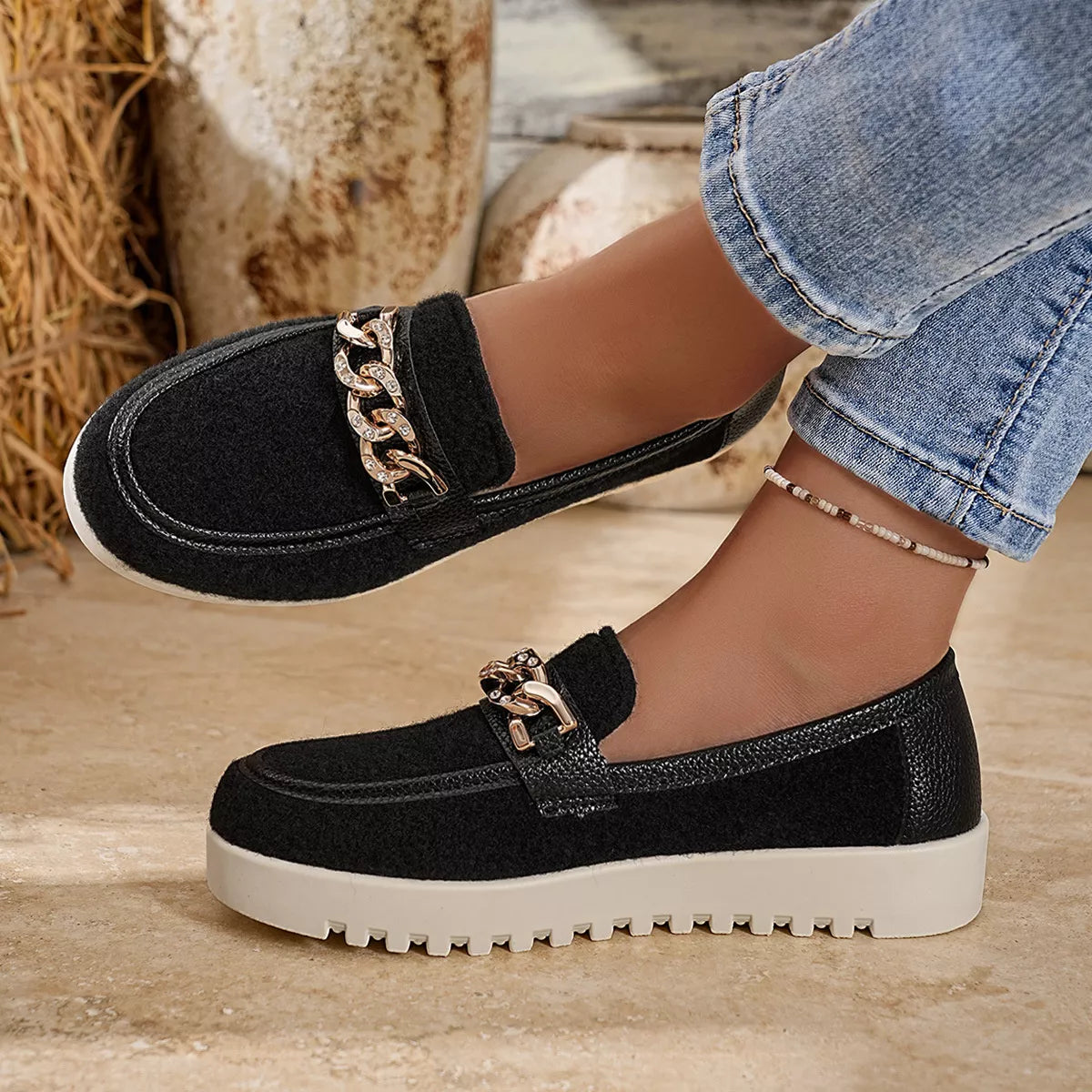 Chain Detail Platform Slip-On Shoes