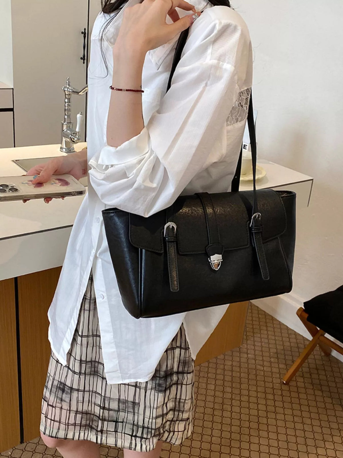 Buckle Detail Vegan Leather Tote Bag