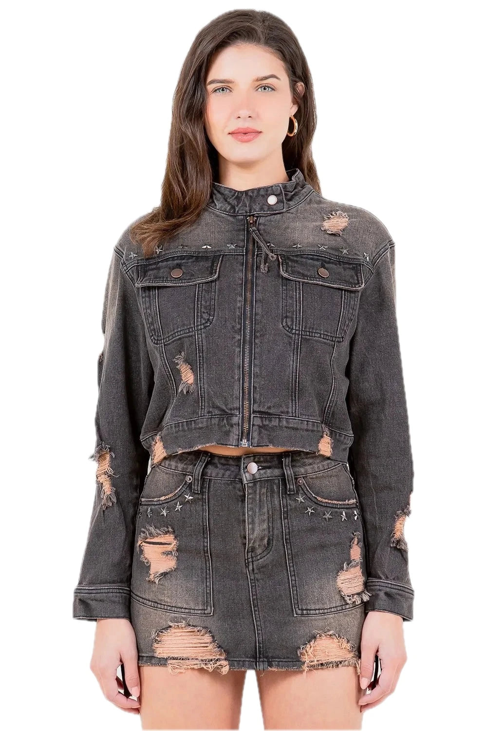 American Bazi Distressed Star Stud Trim Denim Rider Jacket Plus Size