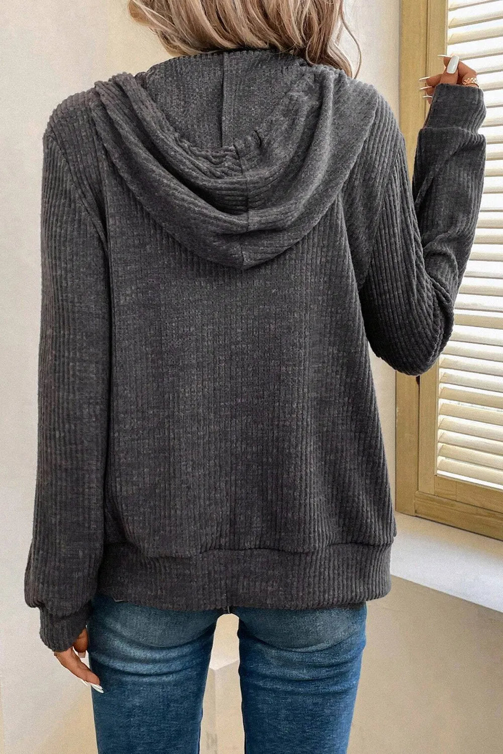 Drawstring Zip Up Long Sleeve Hooded Jacket for Women